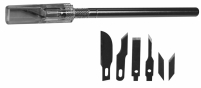 <p>De verschillende mesjes kunnen gebruikt worden bij het snijden van papier, folie, textiel en dun houtwerk. Mesje is eenvoudig te verwisselen door bovenaan de metalen steel te draaien.</p>